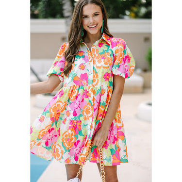 Summer Floral Print Puff Sleeve Dress