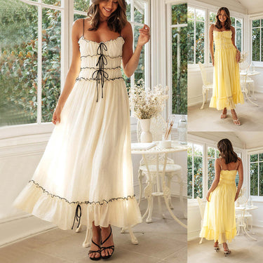 Strap Long Dresses With Bow Pleat Design